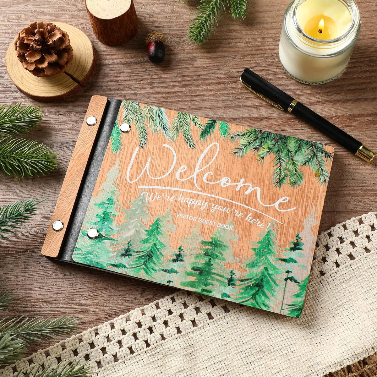 Welcome Guest Book Wood Cover Visitor Log Book Rustic Wedding Memory Scrapbook with Pen 8 x 6 Inches Neutral Pine Photo Album with 120 Pages for Vacation Home Wedding Office Reception