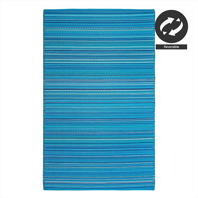 FH Home Outdoor Camping Rug - Waterproof, Fade Resistant, Reversible - Premium Recycled Plastic - Striped - Large Patio, Deck, Sunroom, RV - Havana - Turquoise - 9 x 18 ft Foldable