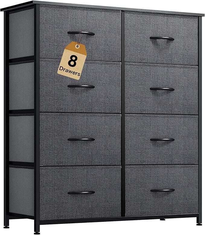 YITAHOME Dresser for Bedroom, Double Dresser with 8 Drawers, Storage Tower with Fabric Bins, Chest of Drawers for Closet & Living Room (Black Wood Grain)