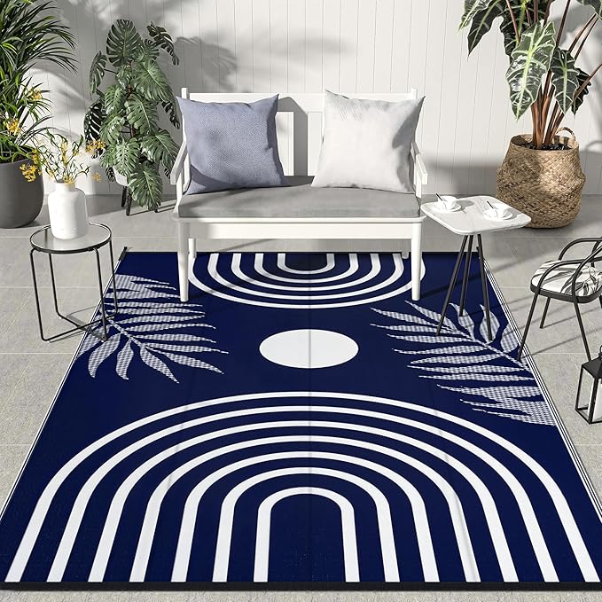 GENIMO Outdoor Rug 5' x 8' Waterproof for Patio Clearance, Reversible Plastic Straw Camping Carpet, Lightweight Rugs Mats for Rv, Backyard, Deck, Porch, Picnic, Balcony, Mix-Blue & White