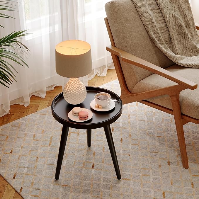 Apicizon Black Round Side Table, Tray Nightstand Sofa Coffee End Table for Living Room, Bedroom, Small Spaces, Easy Assembly Bedside Table, 15 x 18 Inches, Black