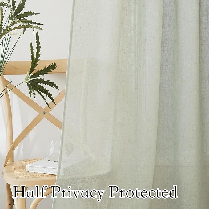 RYB HOME Flax Linen Blend Curtains for Closet Kitchen, Semi Translucent Privacy Protection Light Filtering Decorative Short Small Window Drapes for Bedroom, W 52 x L 36 inches, Sage Green, 2 Panels