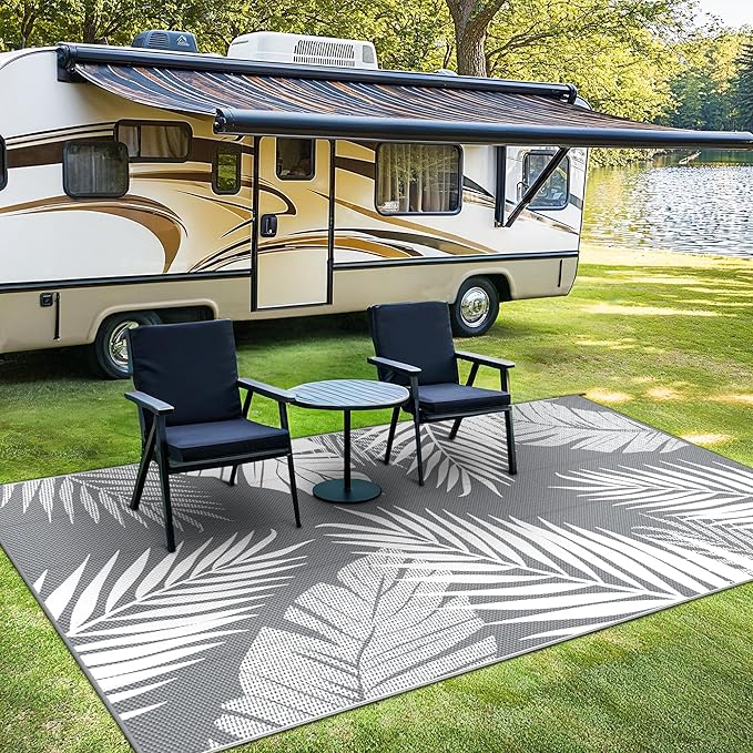 Outdoor Rug 6' x 9' for Patio Waterproof Clearance, Reversible Indoor Outdoor Plastic Straw Camping Rug Carpet, RV Mat, Large Area Rug for Deck, Backyard, Balcony, Porch, Beach, Grey and White