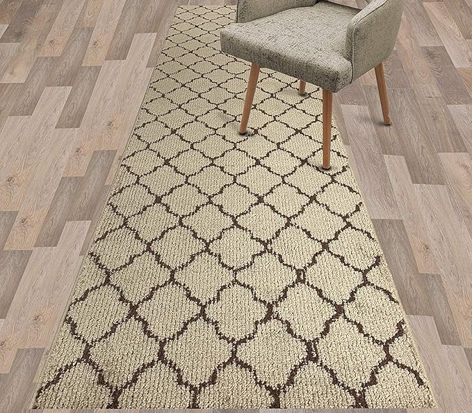Custom Size Modern Runner Rug Carpet for Hallway Entryway Foyer Kitchen, Slip Resistant Latex Rubber Backed 31 inch Wide X Customized Length, Trellis Beige, 31 inch X 18 feet