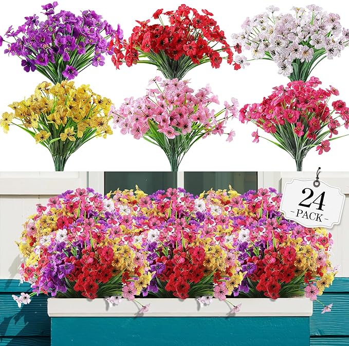 AGIRL 24 Bundles Artificial Flowers for Outdoor,No Fade Fake Plastic Flowers Faux Plants for Decoration Hanging Planters Indoor Outside Garden Porch Window Box Home Wedding Farmhouse