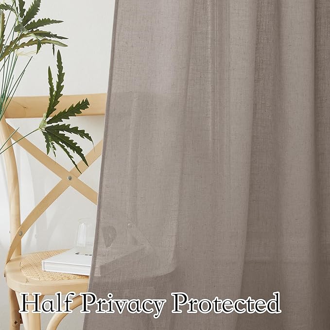 RYB HOME Privacy Sheer Curtains for Living Room, Linen Textured Semi Sheer for Bedroom Window Treatment Panels Light Glare Filtering, Birch Brown, Width 52 x Length 90 per Panel, 1 Pair