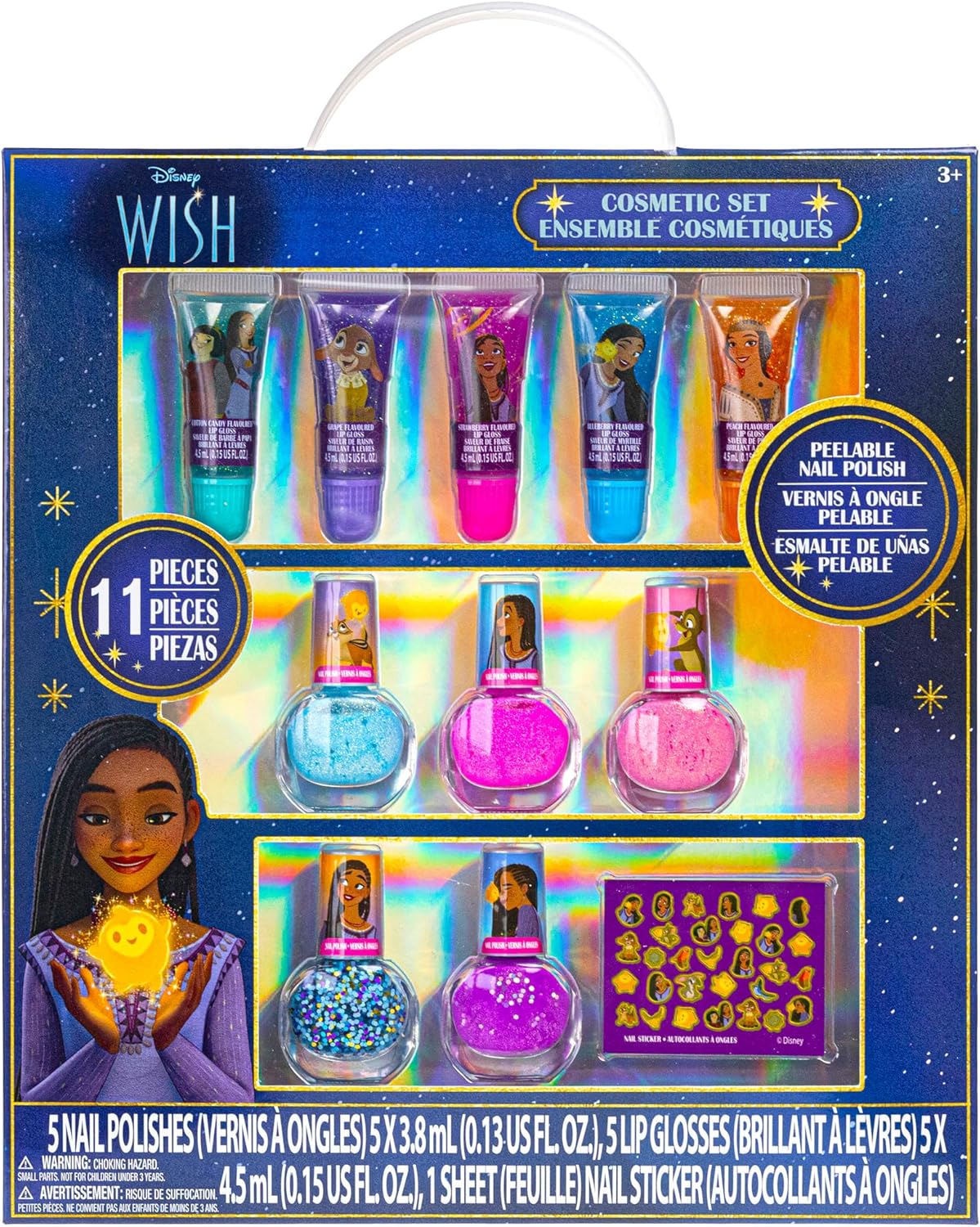 Disney Wish Sparkly Cosmetic Makeup Set for Girls with Lip Gloss Nail Polish Nail Stickers - 11 Pcs | Perfect for Parties Sleepovers Makeovers | Birthday Gift for Girls 3+ by Townley Girl