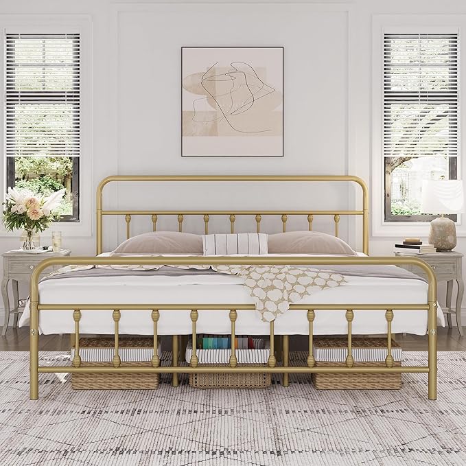 Yaheetech Classic Metal Platform Bed Frame Mattress Foundation with Victorian Style Iron-Art Headboard/Footboard/Under Bed Storage/No Box Spring Needed/King Size Antique Gold