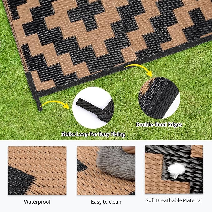 Outdoor Patio Plastic Straw Rug - 5'x8' Outdoor Camping Rug Waterproof Reversible, Area Carpet Patios Clearance RV, Outside Porch Balcony Deck for Camper, Black & Brown