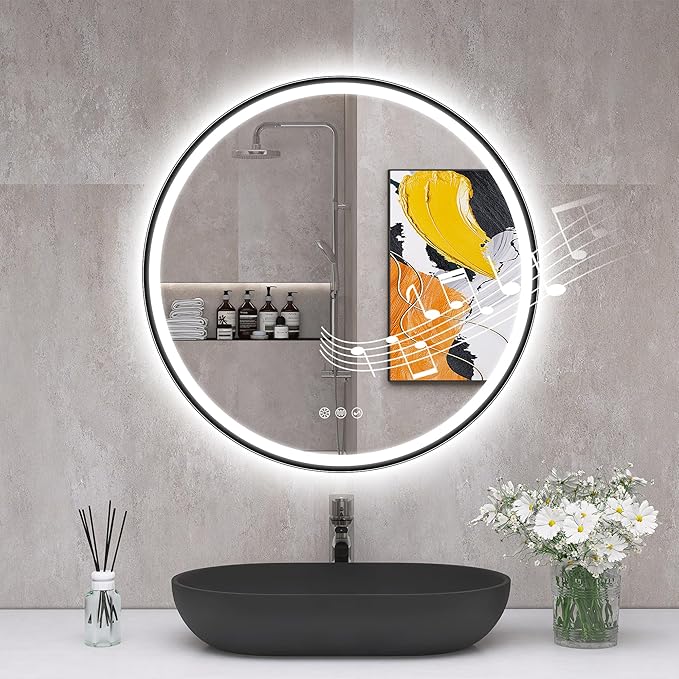 STARLEAD 28" Black Frameless Round LED Bathroom Mirror with Bluetooth Speaker, Dimmable Lighting, 3 Color Modes, Anti-Fog, Touch Control Wall Mounted Vanity Mirror