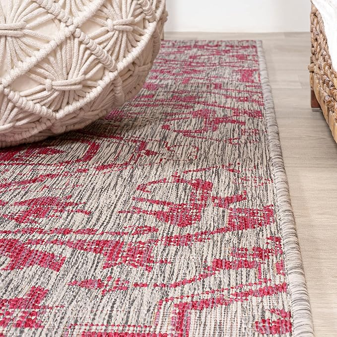 JONATHAN Y SMB105F-5R Estrella Bohemian Medallion Textured Weave Indoor Outdoor Area Rug, Coastal, Vintage, Rustic Easy Clean,Bedroom,Kitchen,Backyard,Patio, Non-Shed, Light Gray/Fuchsia, 5' Round