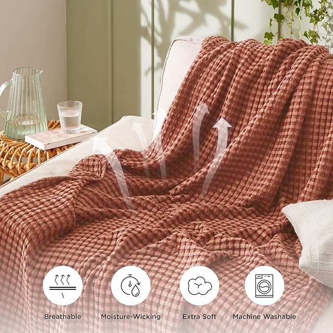 Bedsure Cooling Cotton Waffle Queen Size Blanket - Lightweight Breathable Blanket of Rayon Derived from Bamboo for Hot Sleepers, Luxury Throws for Bed, Couch and Sofa, Red Orange, 90x90 Inches