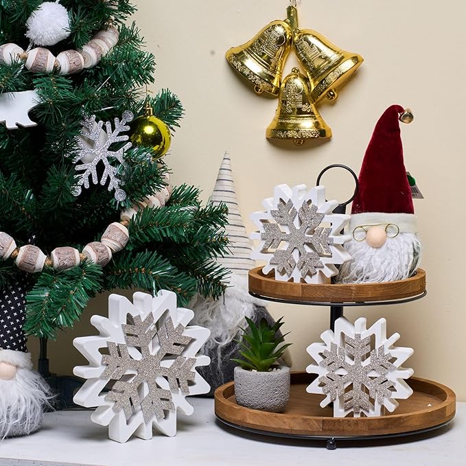 GENMOUS & CO. Farmhouse Tiered Tray Decor with Distressed Wood Bead Garland, Decorative 2 Tiered Serving Tray with Metal Handle for Rustic Home Décor