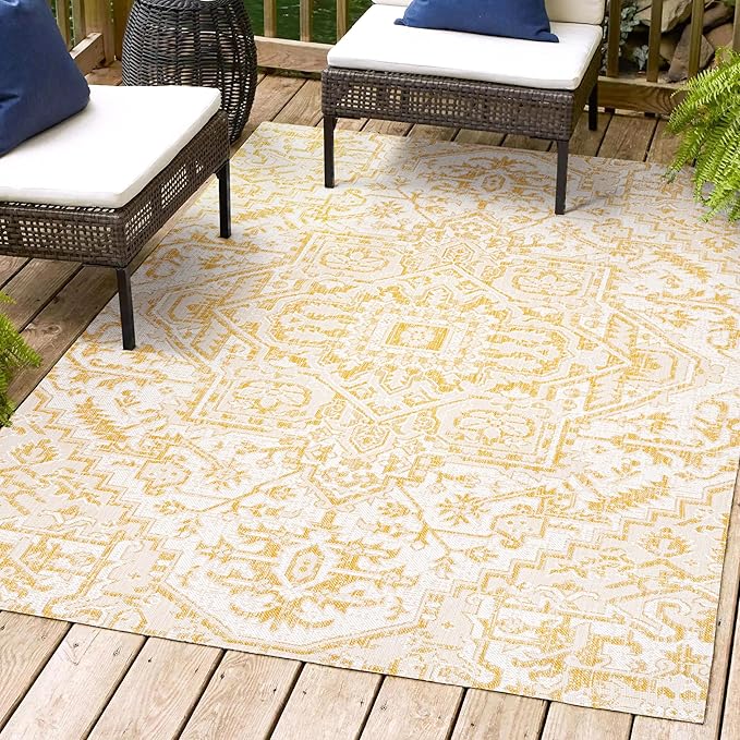 JONATHAN Y SMB105H-3 Estrella Bohemian Medallion Textured Weave Indoor Outdoor Area-Rug, Coastal Traditional Easy-Cleaning,Bedroom,Kitchen,Backyard,Patio,Non Shedding, 3 X 5, Cream/Yellow