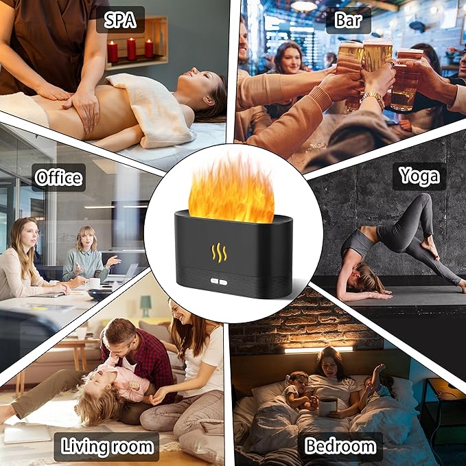 Flame Diffuser Humidifier-Auto Off 180ml Essential Oil Diffuser-2 Modes Brightness Aroma Humidifier with Fire Flame Effect for Home,Office,Spa,Gym (Black)