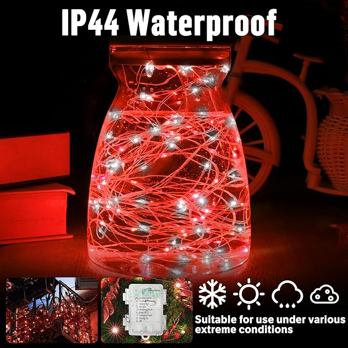 LAMPHOME 100LED String Light, Fairy Lights Battery Operated, Remote Control Timer Twinkle String Lights 8 Modes Firefly Lights for Garden Party Indoor Decor (White+Red)