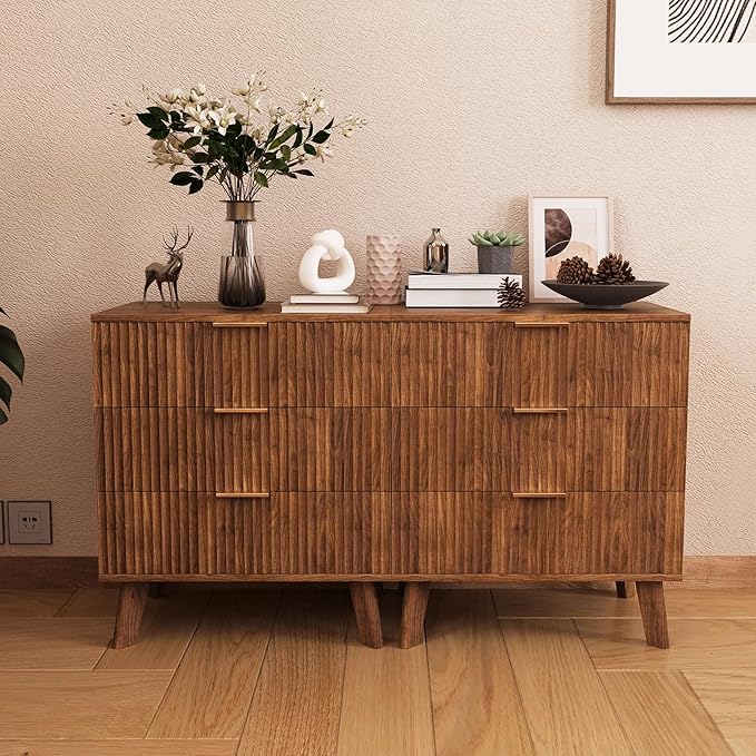 Fluted 3 Drawer Dressers, Modern Closet Dressers Chest of Drawers, Wood Storage Dresser Chest of Drawers Organizer for Bedroom Living Room Hallway Closet, Walnut, 2 Sets