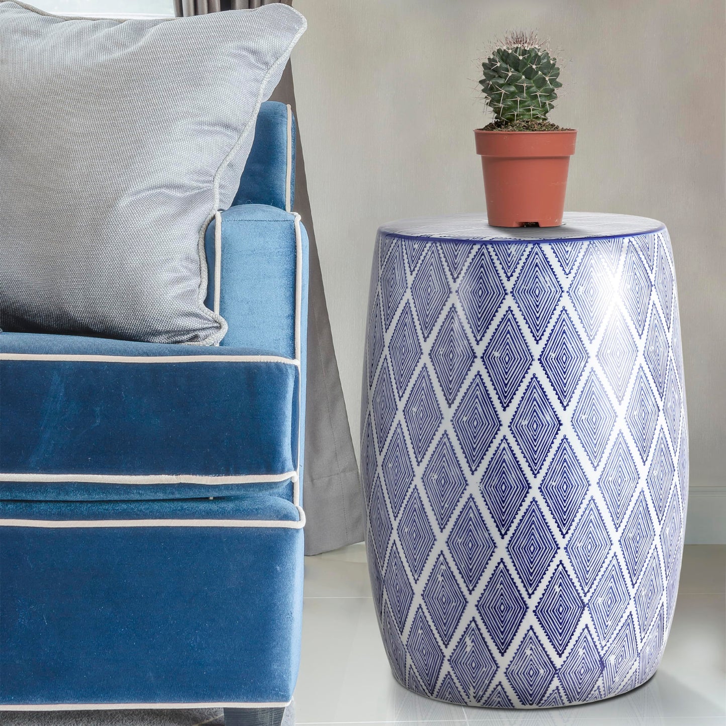 JONATHAN Y TBL1019A Moroccan Diamonds 18" Ceramic Drum Indoor/Outdoor Garden Stool, Coastal, Contemporary, Side Table, Plant Stand, Spill-Proof, Living Room, Garden Room, Patio, Blue/White