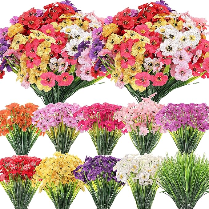 Lyrow 100 Bundles Violet Artificial Flowers, UV Resistant Faux Flowers Outdoor, Faux Silk Flowers, Fake Violet Flowers Bulk for Front Porch Hanging Garden Courtyard Farmhouse Home(Classic Colors)