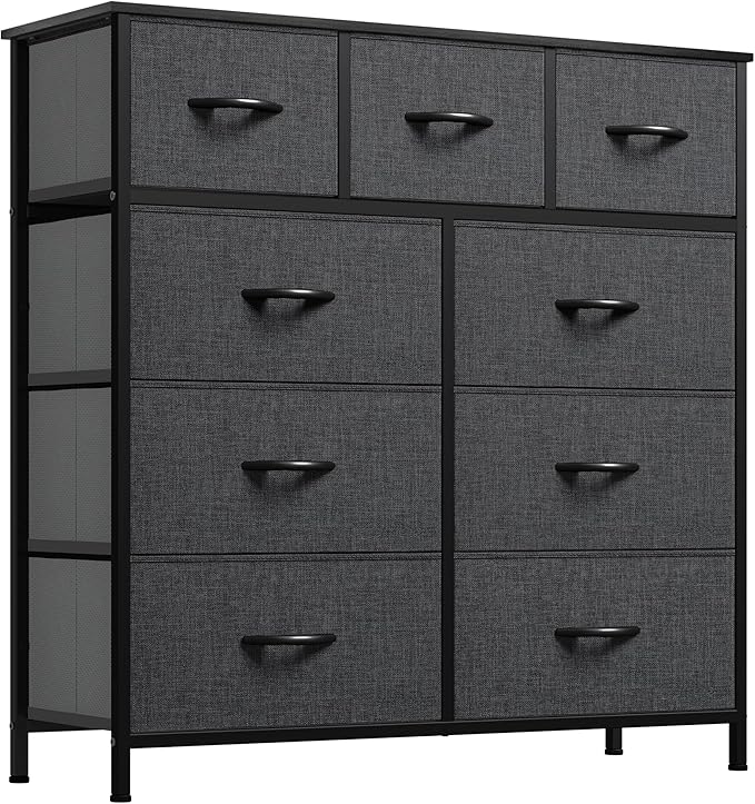 YITAHOME Dresser with 9 Drawers - Fabric Storage Tower, Tall Chest Organizer Unit for Living Room, Entryway with Sturdy Steel Frame, Wooden Top, Black Grey