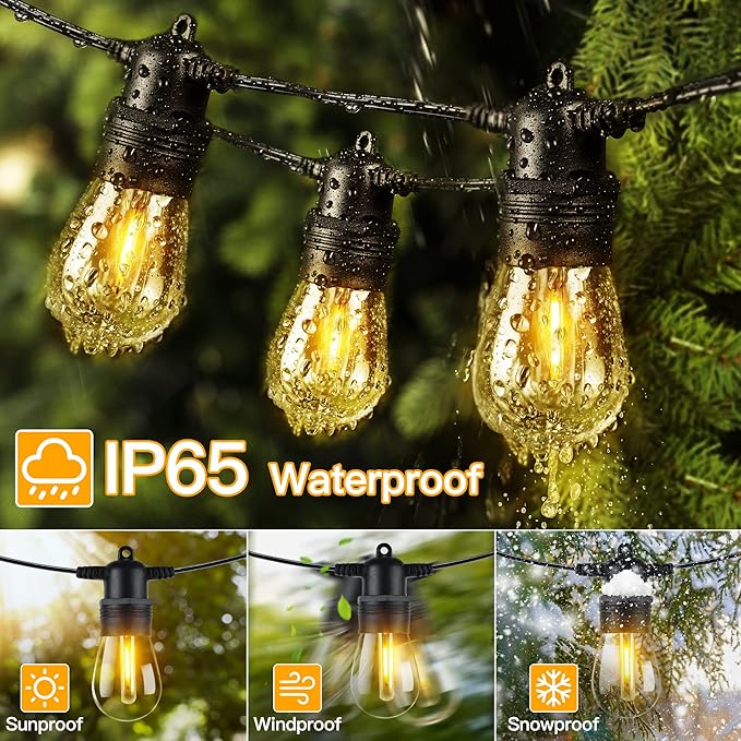 Ollny Outdoor String Lights, 50 FT Waterproof Connectable Patio Lights with 15 Shatterproof Bulbs(2 Spare), Outside Hanging Light for Balcony, Porch, Yard, Garden, Backyard
