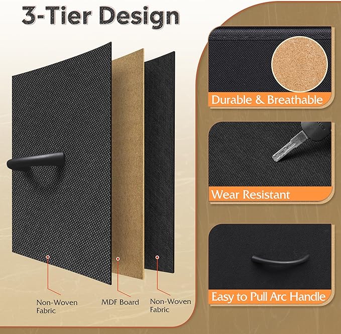 WLIVE Dresser for Bedroom with 10 Fabric Drawers, Tall Chest Organizer Units for Clothing, Closet, Storage Tower with Cabinet, Metal Frame, Wooden Top, Black Dresser for Living Room