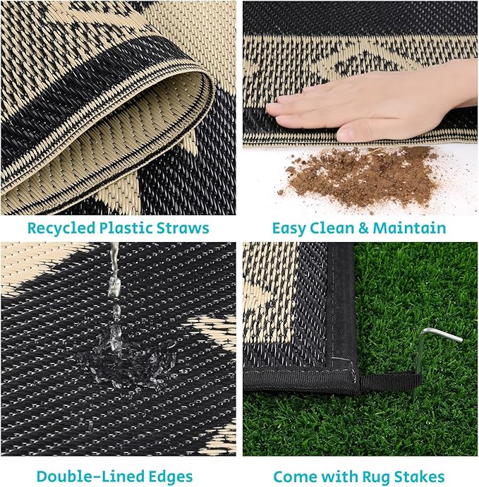 HEBE Outdoor Rug 8'x10' Waterproof for Patios Clearance, Reversible Plastic Straw Rug Camping Carpet, Indoor Outdoor Area Rugs Patio Mats for RV,Picnic,Backyard,Deck,Balcony,Porch