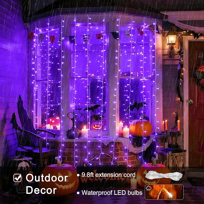 JMEXSUSS 300LED Purple Christmas Lights with Remote, Curtain Hanging Light Plug in, 8 Modes Purple String Lights for Bedroom Window Wall Party Backdrop Halloween Christmas Carnival Decorations