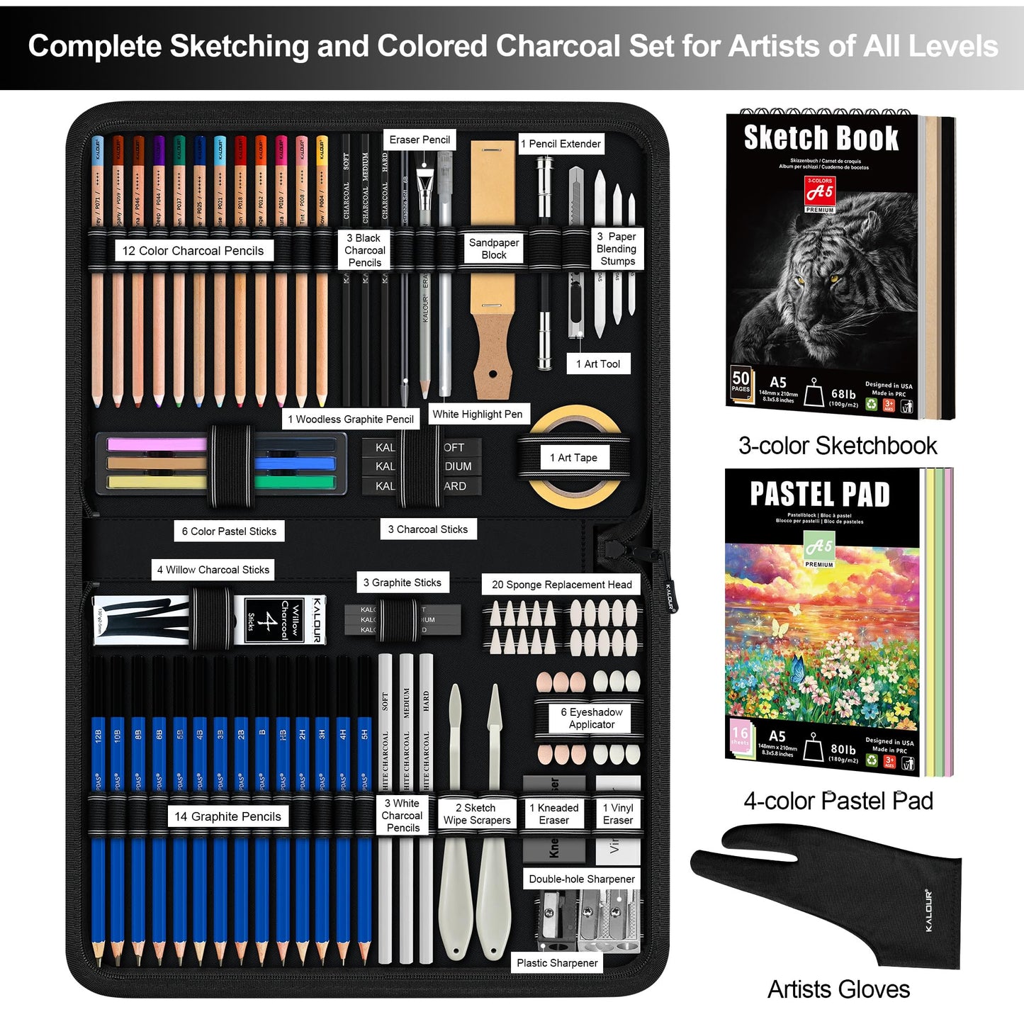 KALOUR 95-Piece Sketching and Drawing Art Set with 3-color Sketch Book and Pastel Paper – Graphite, Charcoal, and Pastel Pencils – Complete Artist Kit for Beginners and Professionals