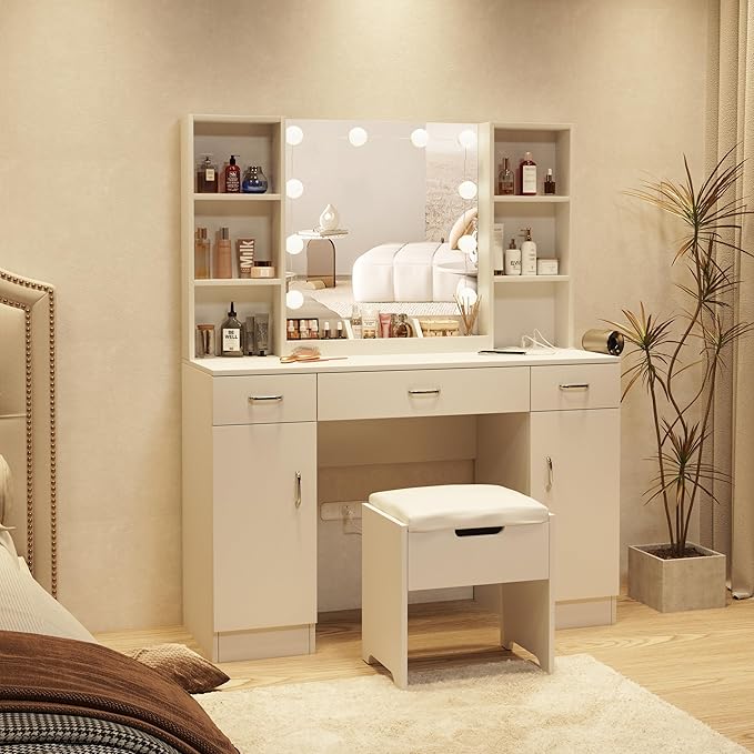 Makeup Vanity Table with Lighted Mirror & Power Outlets, Large Vanity Set Vanity Desk with Storage Stool, 3 Lighting Modes, Brightness Adjustable, 45inch, White