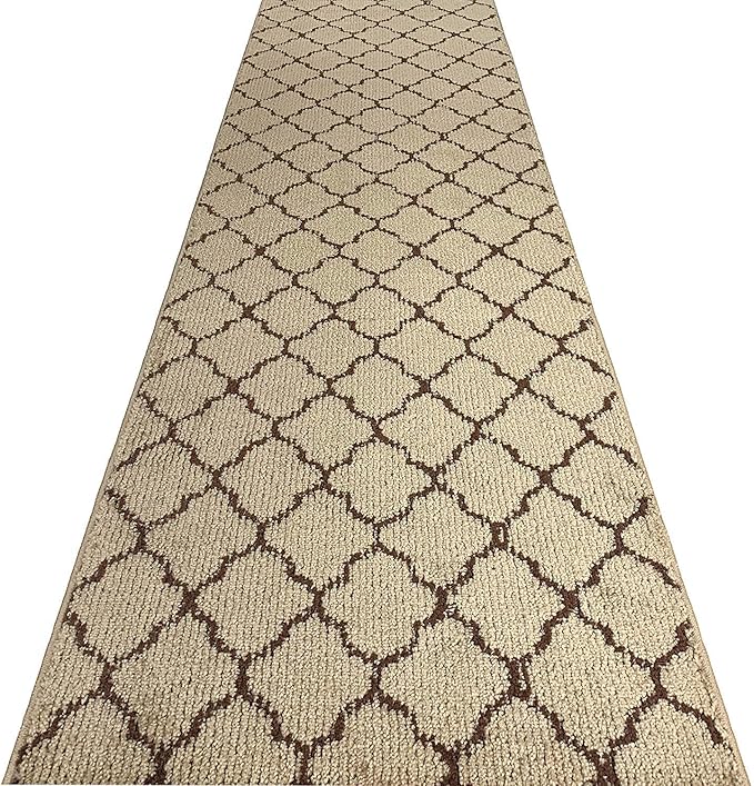 Custom Size Modern Runner Rug Carpet for Hallway Entryway Foyer Kitchen, Slip Resistant Latex Rubber Backed 31 inch Wide X Customized Length, Trellis Beige, 31 inch X 18 feet