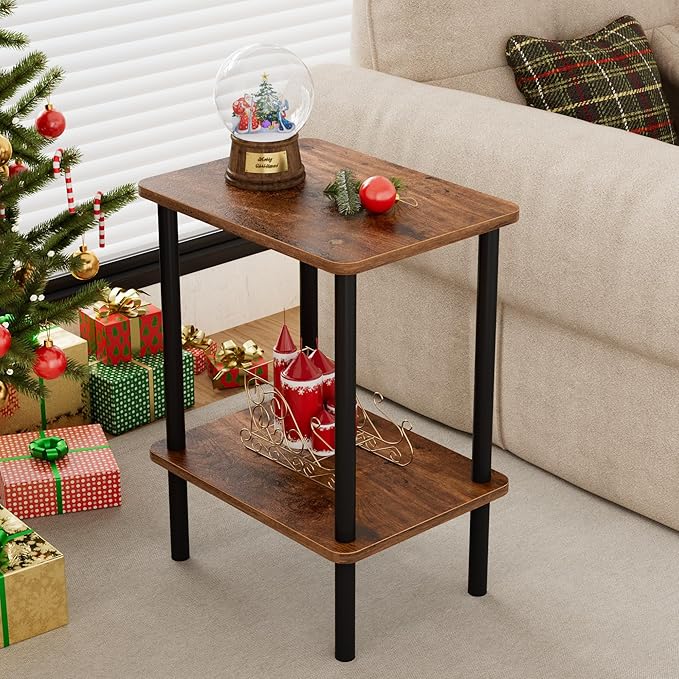 Apicizon 2 Tier End Table, Small Side Table with Solid Wood Legs, Boho Bedside Table with Storage Shelf, Nightstand for Small Spaces, Bedroom, Living Room, Entryway, Farmhouse, Easy Assembly, Brown