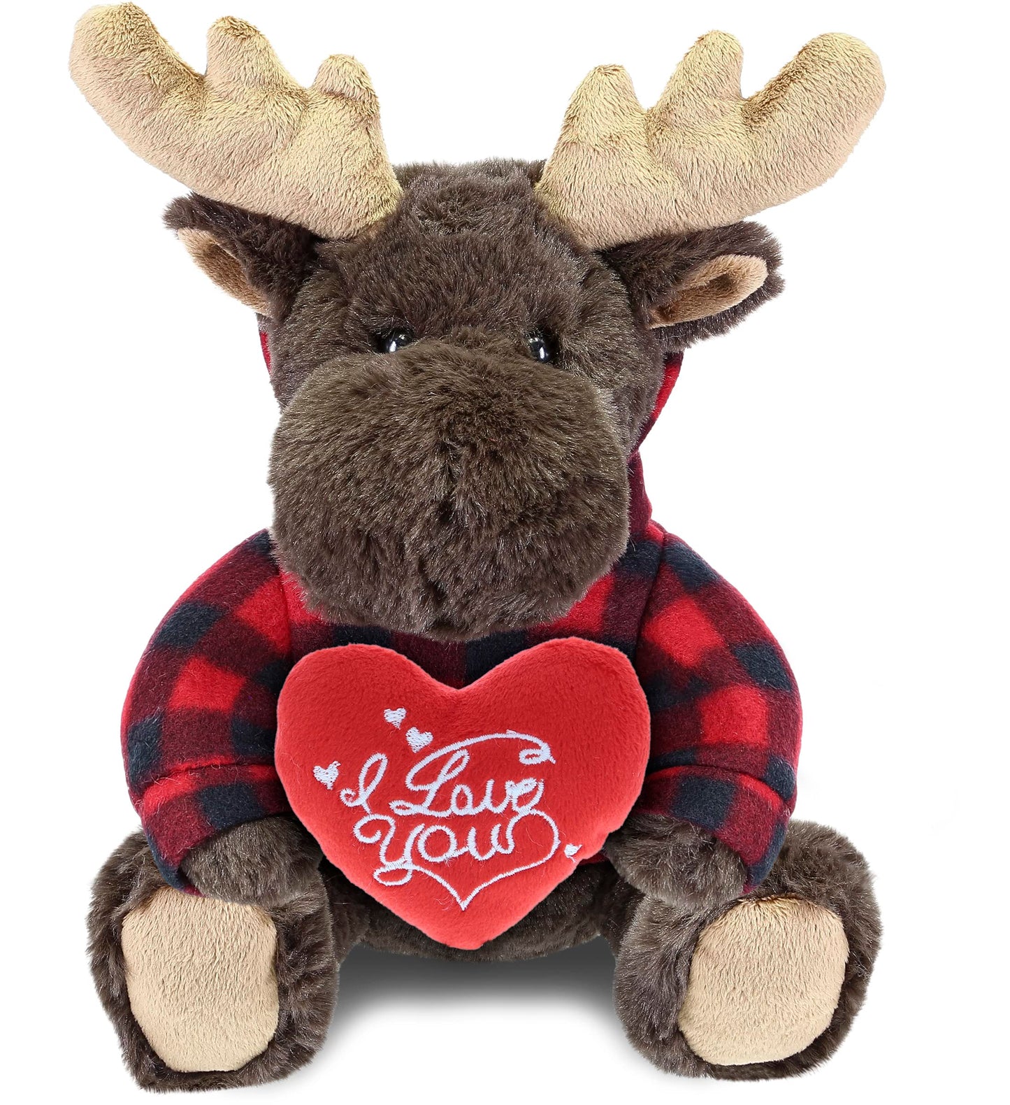 DolliBu I Love You Valentine Plush Moose with Red Plaid Hoodie - Cute Stuffed Animal with Red Heart and Name Personalization Gift for Valentines Day, Birthday, Anniversary, Romantic Date - 10 Inches