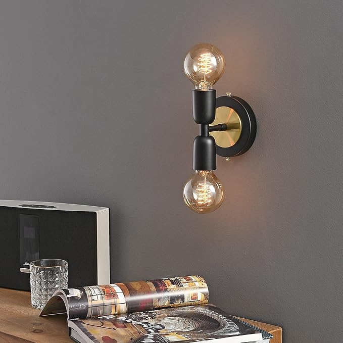 BRIGHTTIA Luna Duo 2 Light Wall Sconce - Mid Century Modern Fixture for Wall & Ceiling - Minimalist Edison Lamp for Hallway and Bathroom Vanity - Black & Gold (BW0026-2BG)
