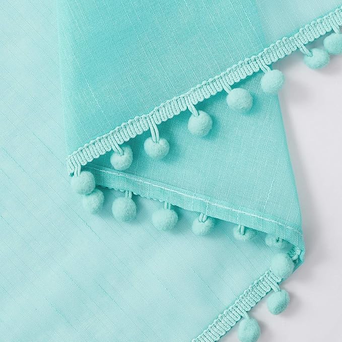 Treatmentex Pompom Sheer Window Curtains for Bedroom Aqua-Blue 95inches Length Decorative Sheer Window Drapes for Wedding Party Ceremony 52" W x 2 Panels Rod Pocket