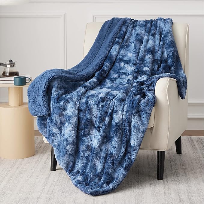 Bedsure GentleSoft Sherpa Fluffy Throw Blanket - Fleece Warm and Cozy Throw for Women Gift, Plush & Fuzzy Faux Christmas Fur Blanket for Couch, Sofa, Bed Decor, Tie Dye Design, Indigo, 50x60 Inches