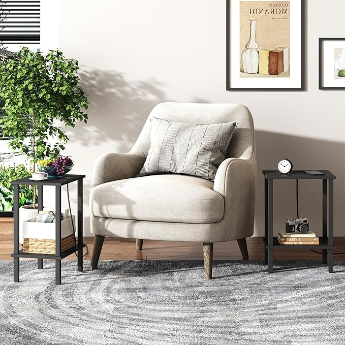 TUTOTAK End Table with Charging Station, Side Table with USB Ports and Outlets, Nightstand, 2-Tier Storage Shelf, Sofa Table for Small Space TB01BK040