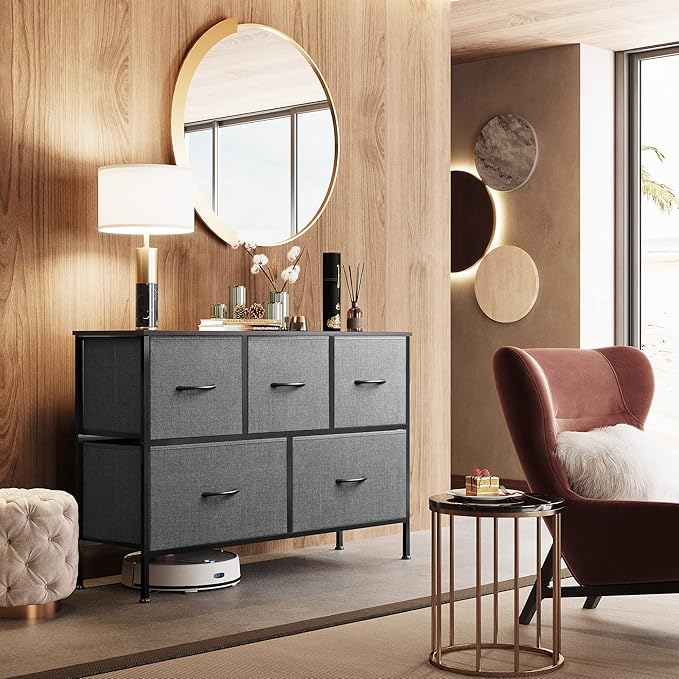 WLIVE Dresser for Bedroom with 5 Drawers, Long Storage Tower Organizer Unit, Fabric Dresser, Storage Drawer Unit with Fabric Bins for Closet, Hallway, Dark Grey, Size L