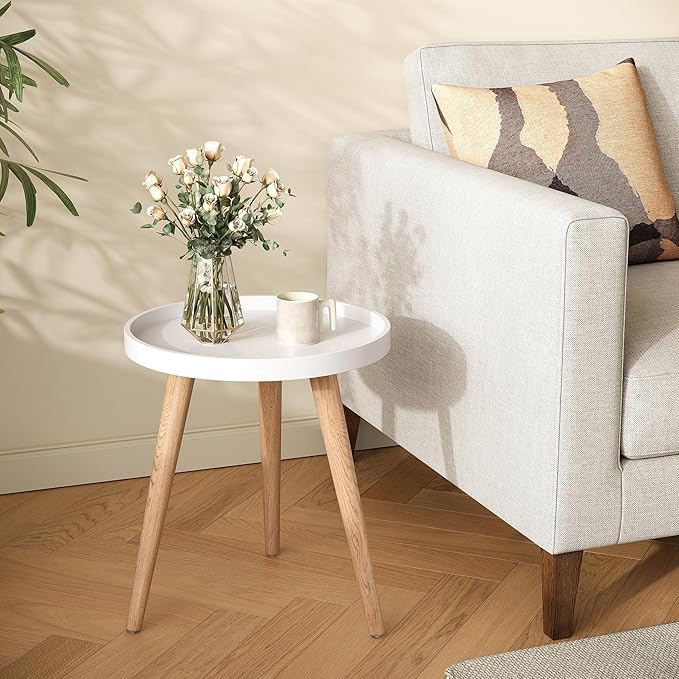 Apicizon Round Side Table, White Tray Nightstand Coffee End Table for Living Room, Bedroom, Small Spaces, Easy Assembly Bedside Table, 15 x 18 Inches