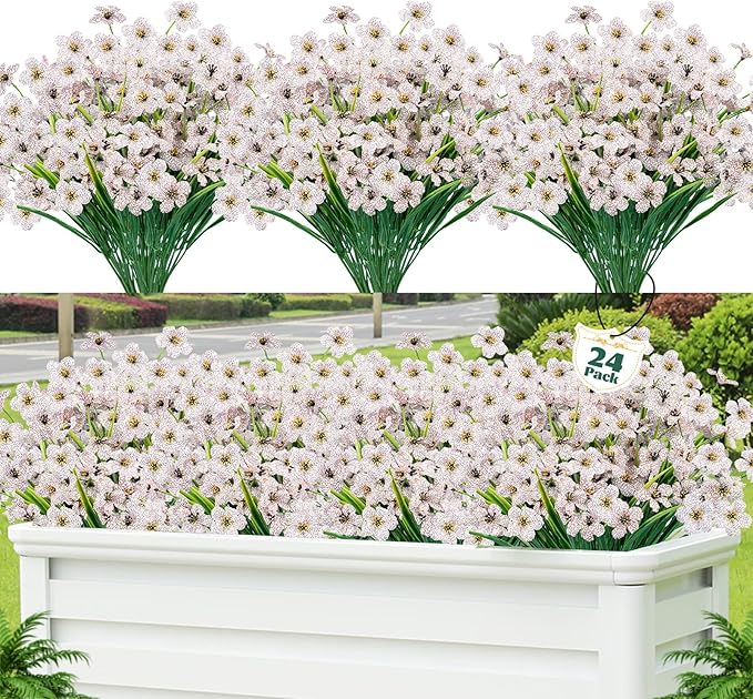 Lnoicy 24 Pcs Artificial Flowers for Outdoor,Plastic Flowers Decoration, UV Resistant Faux Flowers Shrubs, Artificial Plants for Indoor Outside Garden Home Wedding Farmhouse(White)