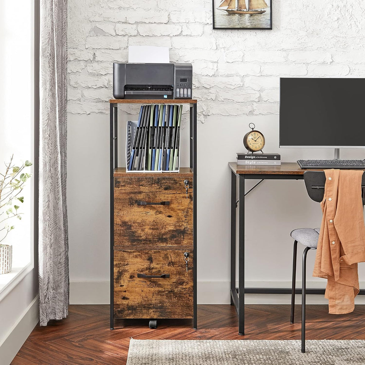 VASAGLE File Cabinet for Home Office, 2-Drawer Filing Cabinet with Lock, Open Shelf, Printer Stand, for A4 and Letter Sized Files, Adjustable Feet, Industrial, Rustic Brown and Ink Black UOFC045B01