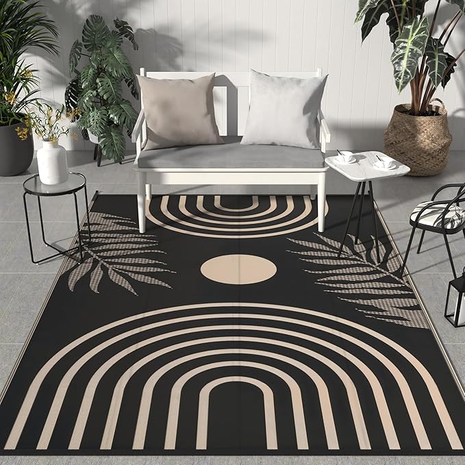 GENIMO Outdoor Rug 5' x 8' Waterproof for Patio Clearance, Reversible Plastic Straw Camping Carpet, Lightweight Rugs Mats for Rv, Backyard, Deck, Porch, Picnic, Balcony, Mix-Black & Brown
