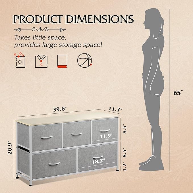WLIVE Dresser for Bedroom with 5 Drawers, Wide Chest of Drawers, Fabric Dresser, Storage Organization Unit with Fabric Bins for Closet, Living Room, Hallway, Light Grey