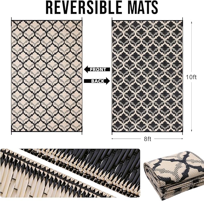 OLANLY Reversible Outdoor Rug 8x10 ft Clearance, Waterproof Outdoor Plastic Straw Rug with Interlacing Pattern, RV Mat for Patio, Camping, Balcony, Deck, Backyard, Black & Beige