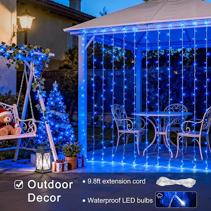 JMEXSUSS 300LED Curtain Lights, Blue Christmas Lights with Remote, Blue String Lights for Bedroom Wall Window Backdrop Garden Indoor Outdoor Pool Patio Yard Porch Decorations, 9.8x9.8ft