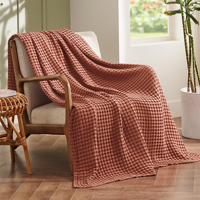 Bedsure Cooling Cotton Waffle Weave Blanket - Lightweight Breathable Blanket of Rayon Derived from Bamboo for Hot Sleepers, Luxury Throws for Bed, Couch and Sofa, Red Orange, 50x70 Inches