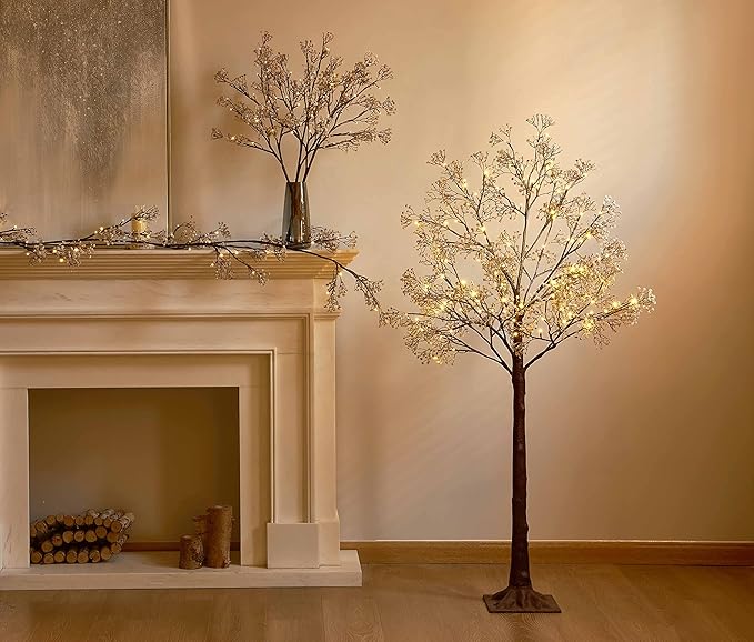 Hairui Lighted Baby Breath Flower Garland Battery Operated with Timer 48L Warm White LED 6FT, Artificial Gypsophila Vine Lights for Thanksgiving Christmas Decor Indoor Outdoor Use
