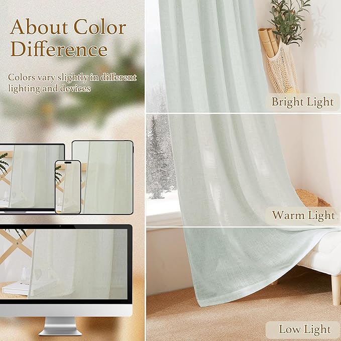 RYB HOME Linen Kitchen Curtains 63 inch Length for Living Room Bedroom, Privacy Protection Light Filtering Decorative Natural 2 Panels Set Farmhouse Boho, Sage Green, W 34 x L 63 inches