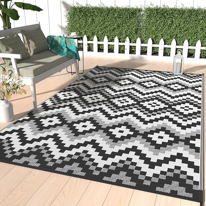 GENIMO Outdoor Rug Waterproof 8x10 ft, Lightweight Plastic Straw Rugs, Outside Reversible Large Mat Carpet for Patio, Camping, RV, Deck, Balcony, Porch, Backyard, Black & White
