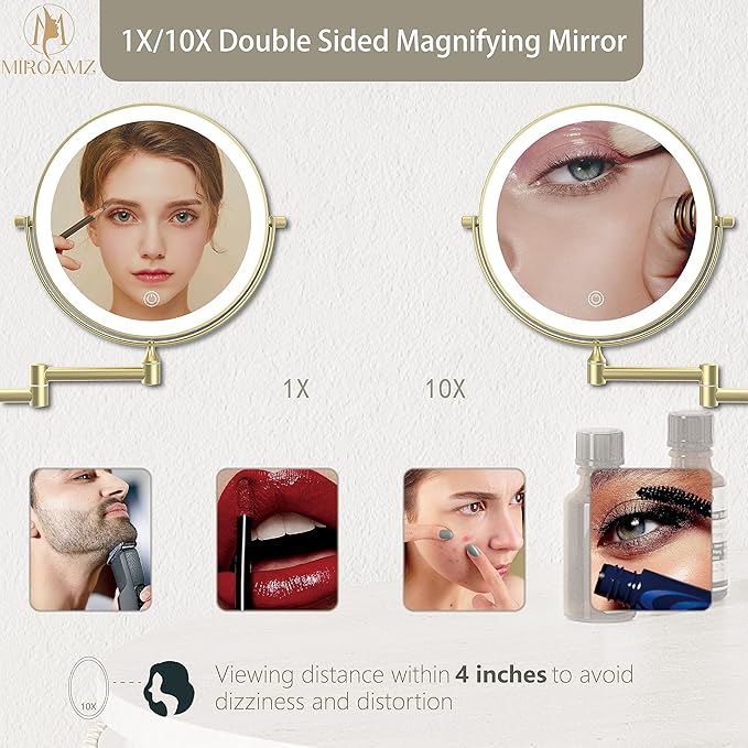 Rechargeable Wall Mounted Lighted Makeup Vanity Mirror 9 Inch Double Sided 1X 10X Magnifying Bathroom Mirror, 3 Color Lighting, Touch Screen Dimming, 360 Rotation Shaving Mirror Gold